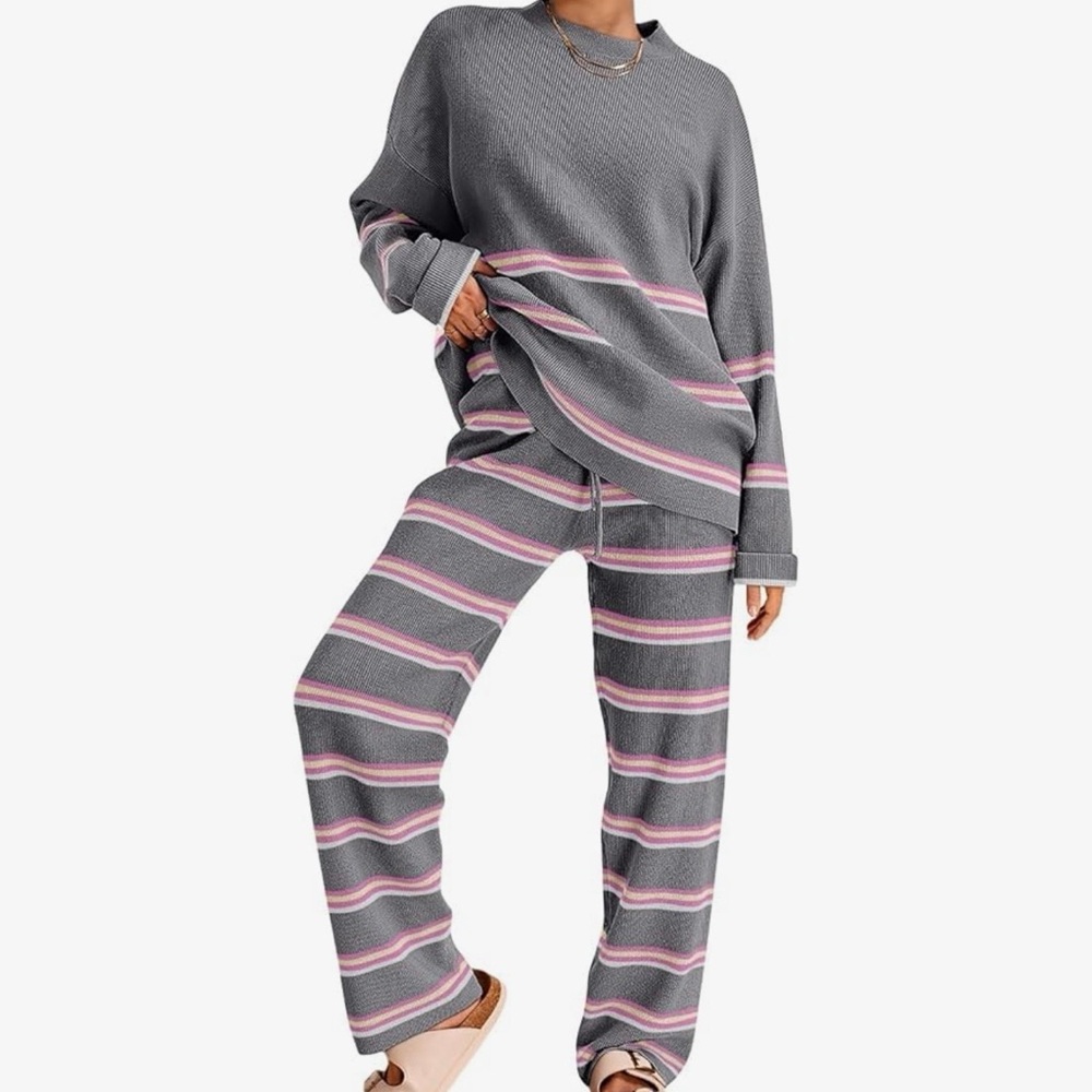 Gray and Pink Striped Women's Lounge Set